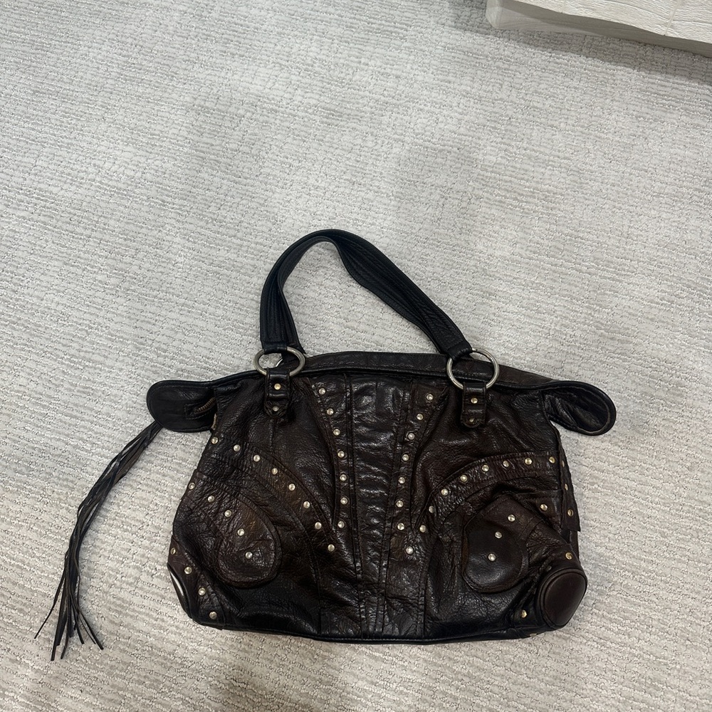 Bulga Studded Brown Leather Handbag - Picture 1 of 4